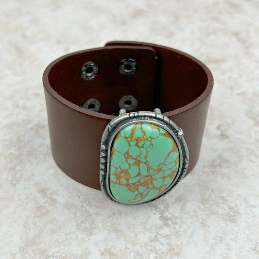 Green Stone with Dark Brown Leather Cuff Bracelet