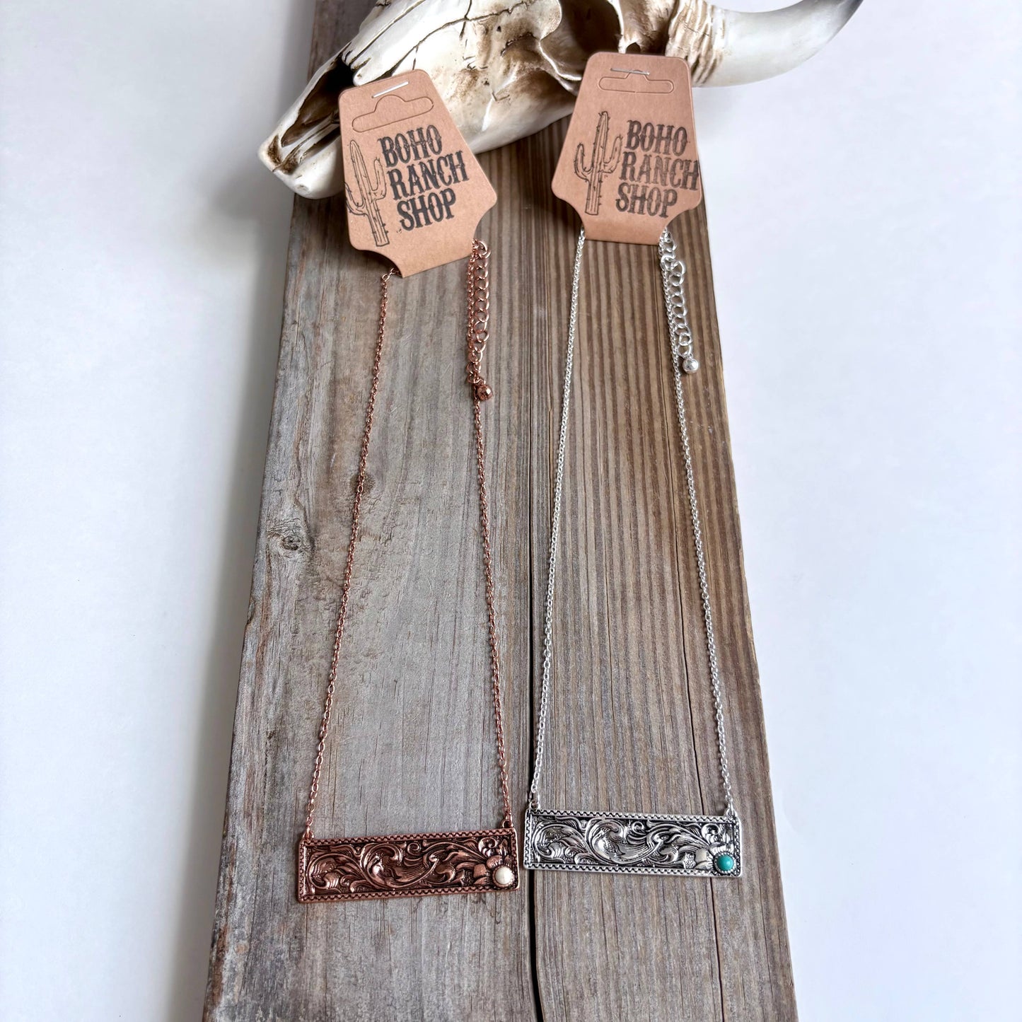 Western Floral Casting Stone Bar Pendant Necklace