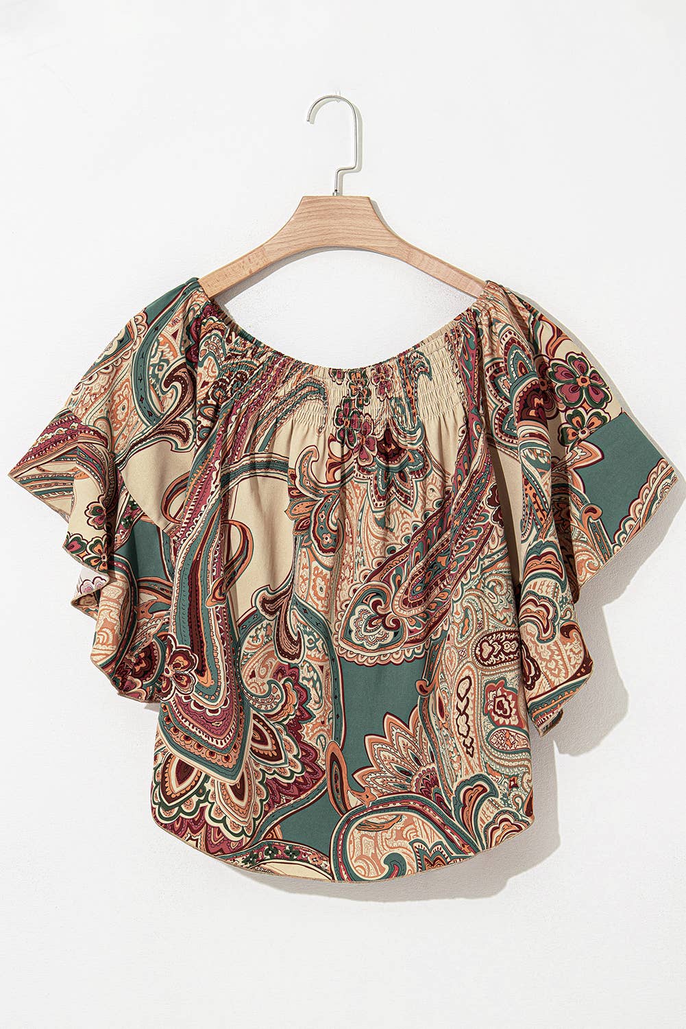 Paisley Printed Shirred Off Shoulder Ruffled Blouse