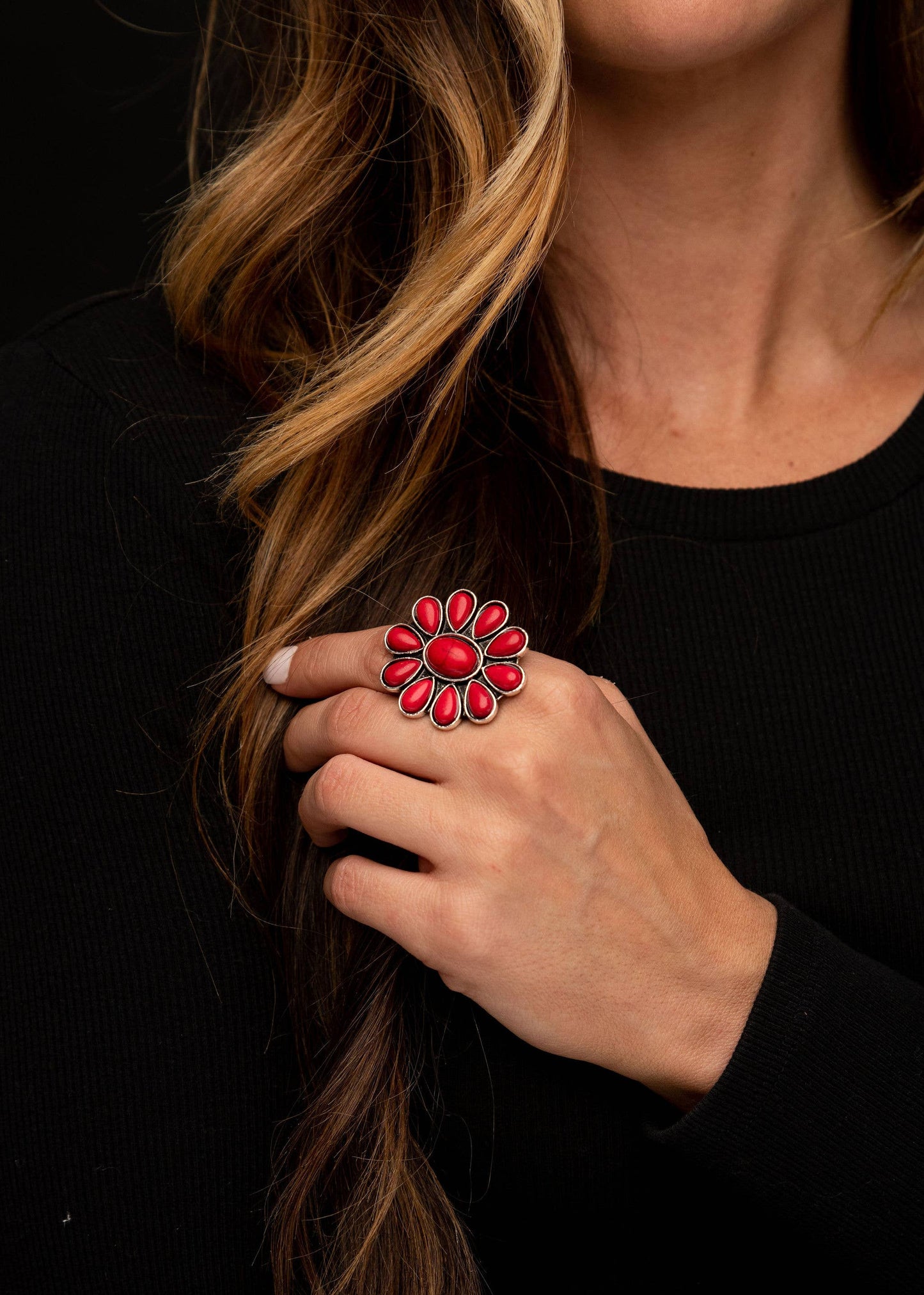 Adjustable..Red  Flower Cluster Ring