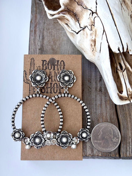 Western Style Flower w/ Stone Hoop Post Drop Earrings
