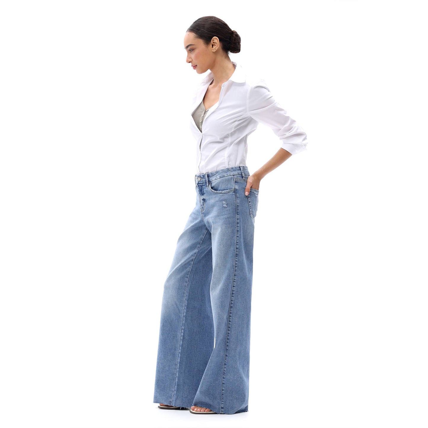 Mid Rise Wide Leg Jeans Raw Hem Vintage Distressed