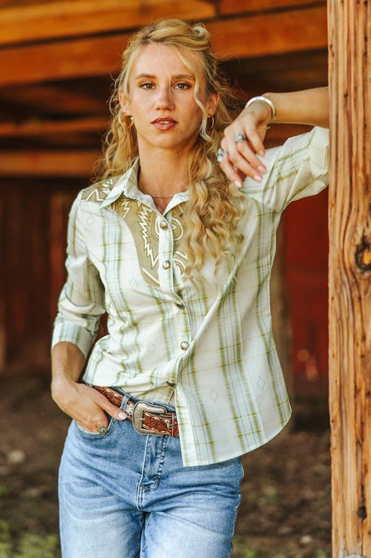 Ivory Aztec Boot Stitch Yoke Button Down Top