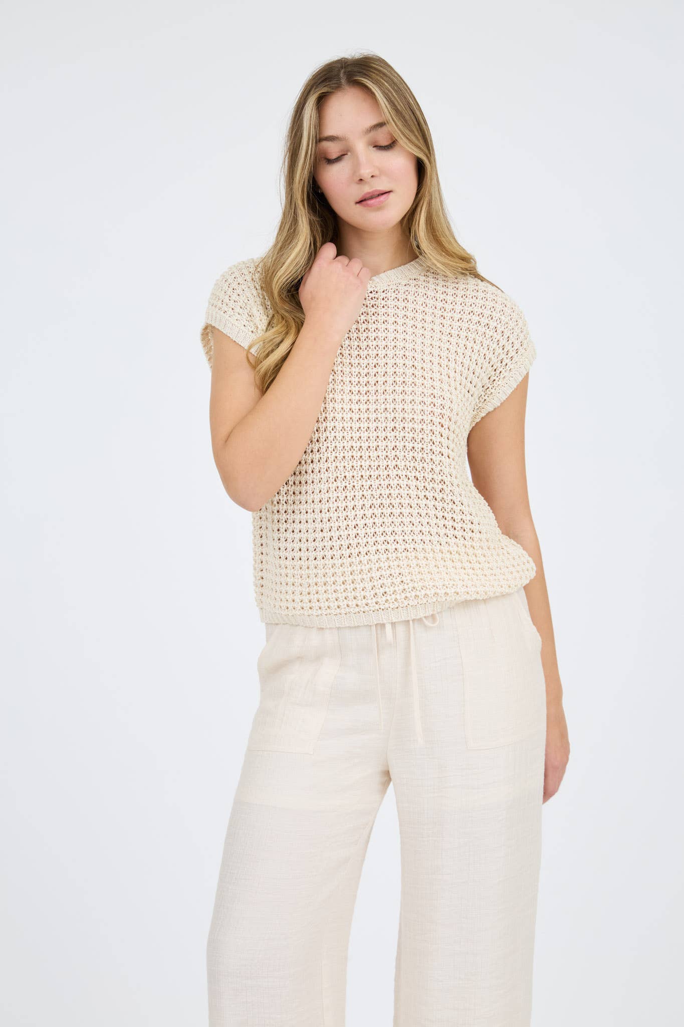 CROCHET KNIT BATWING SHORT SLEEVE SWEATER TOP-TAN