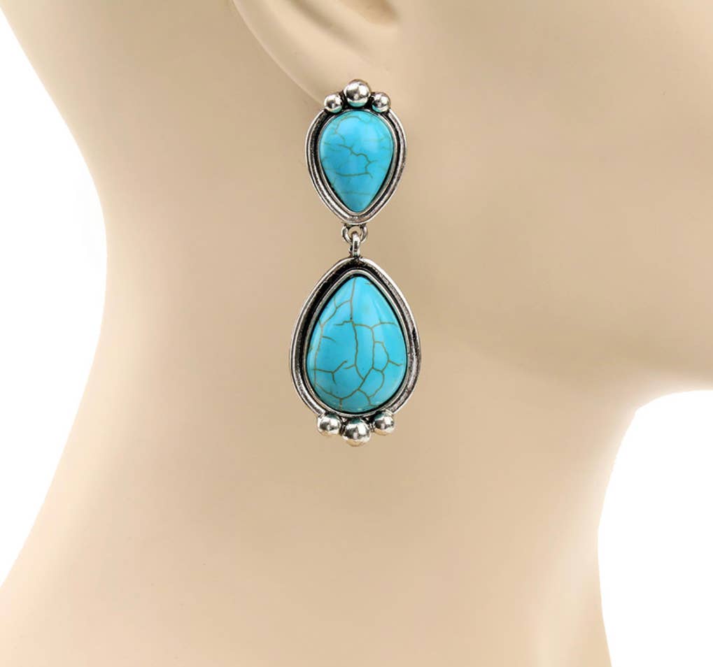 Western Teardrop Stone Dangle Earrings - Turquoise White
