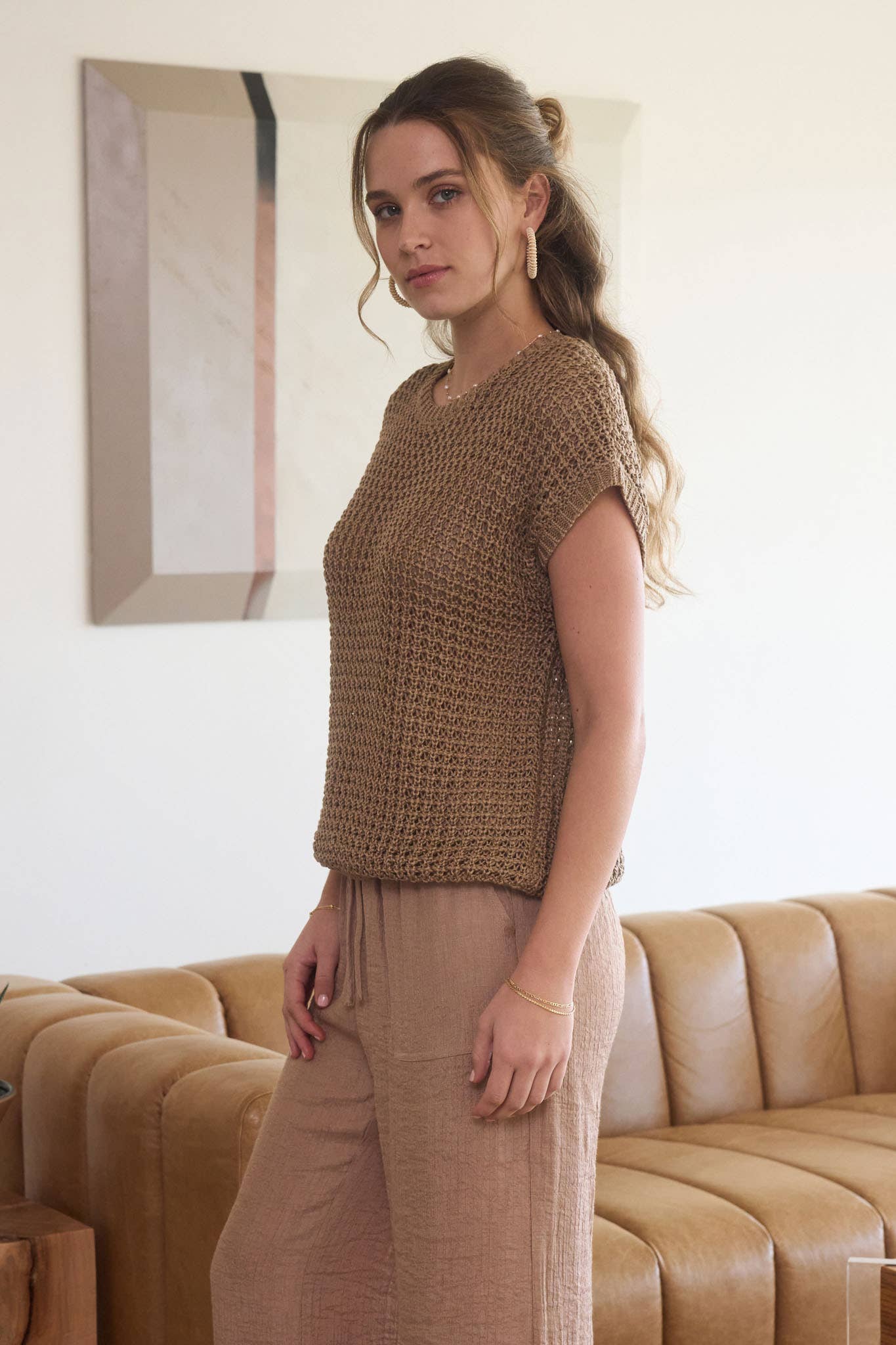 CROCHET KNIT BATWING SHORT SLEEVE SWEATER TOP-TAN