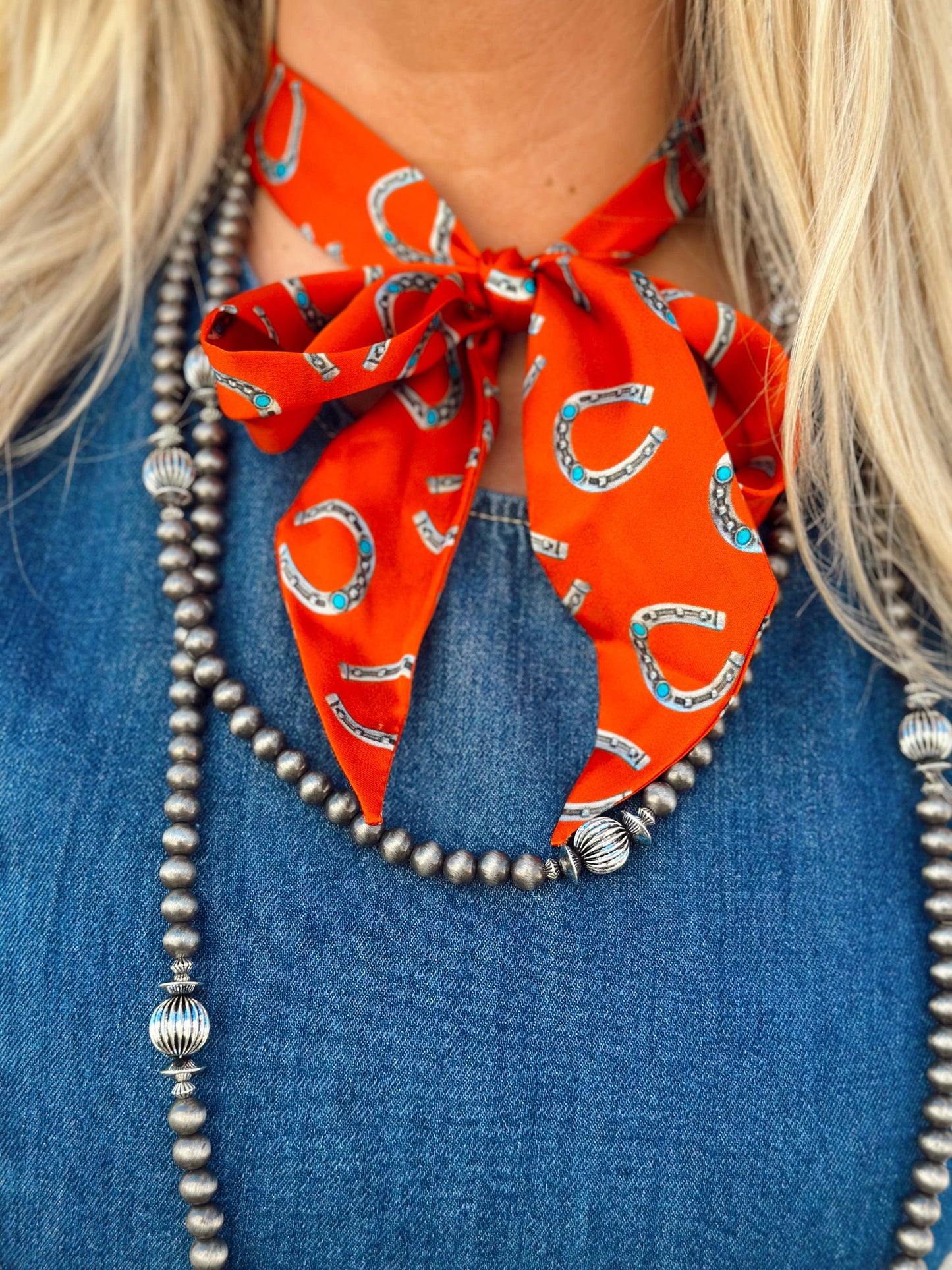 Burnt Orange Silk Twilly Scarf with Silver and Turquoise