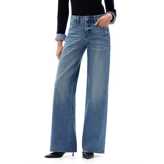 Mid Rise Wide Leg Jeans Raw Hem Vintage Distressed