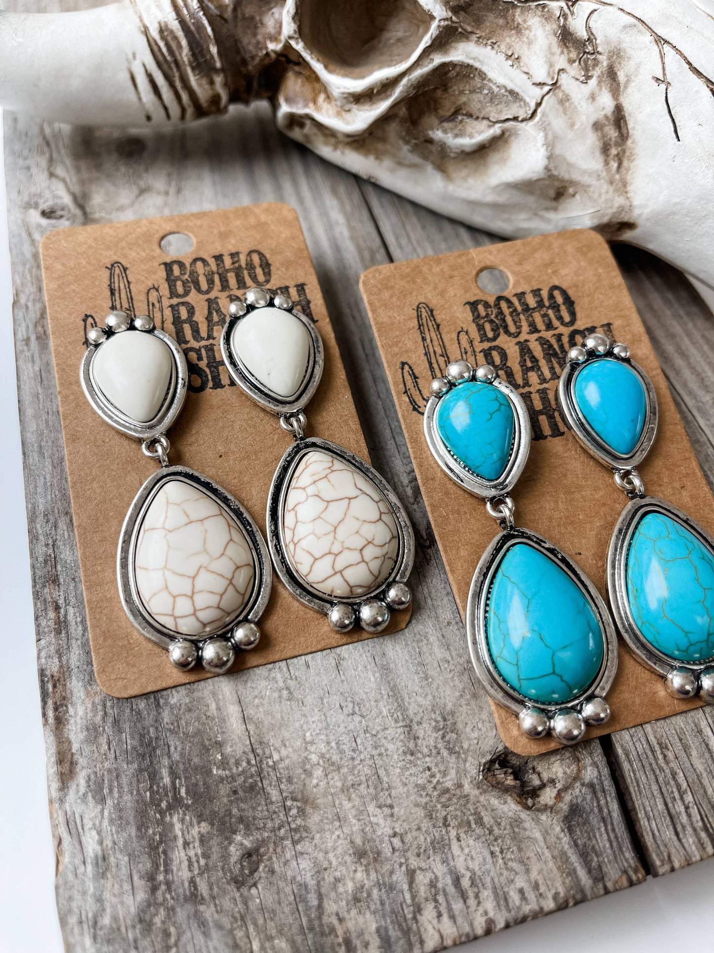 Western Teardrop Stone Dangle Earrings - Turquoise White