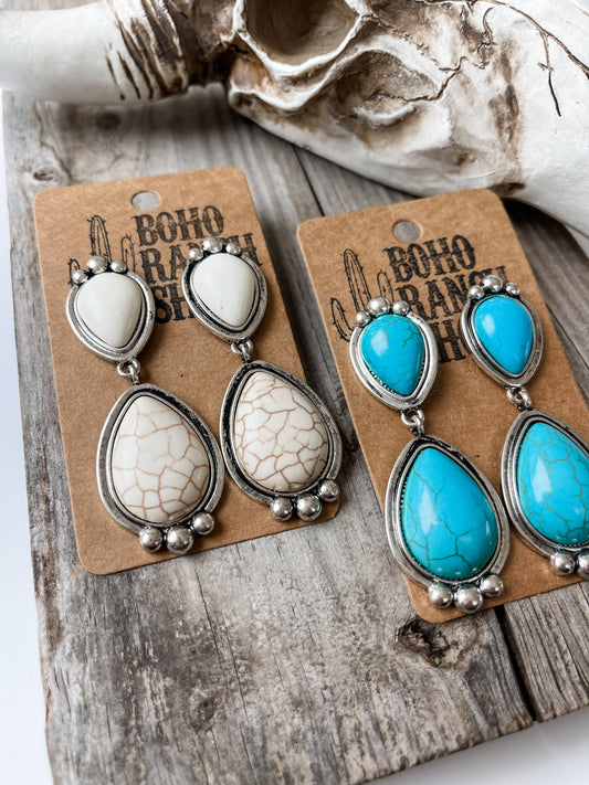 Western Teardrop Stone Dangle Earrings - Turquoise White