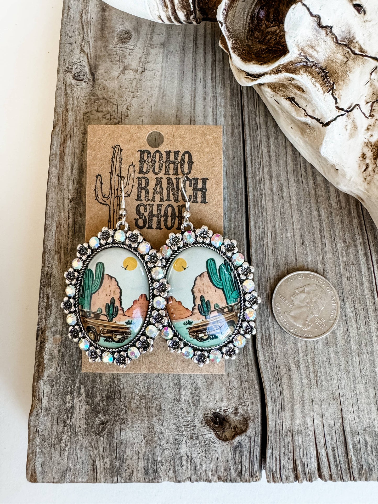 Western Scenery Dangle Earrings - cactus desert rodeo cowboy