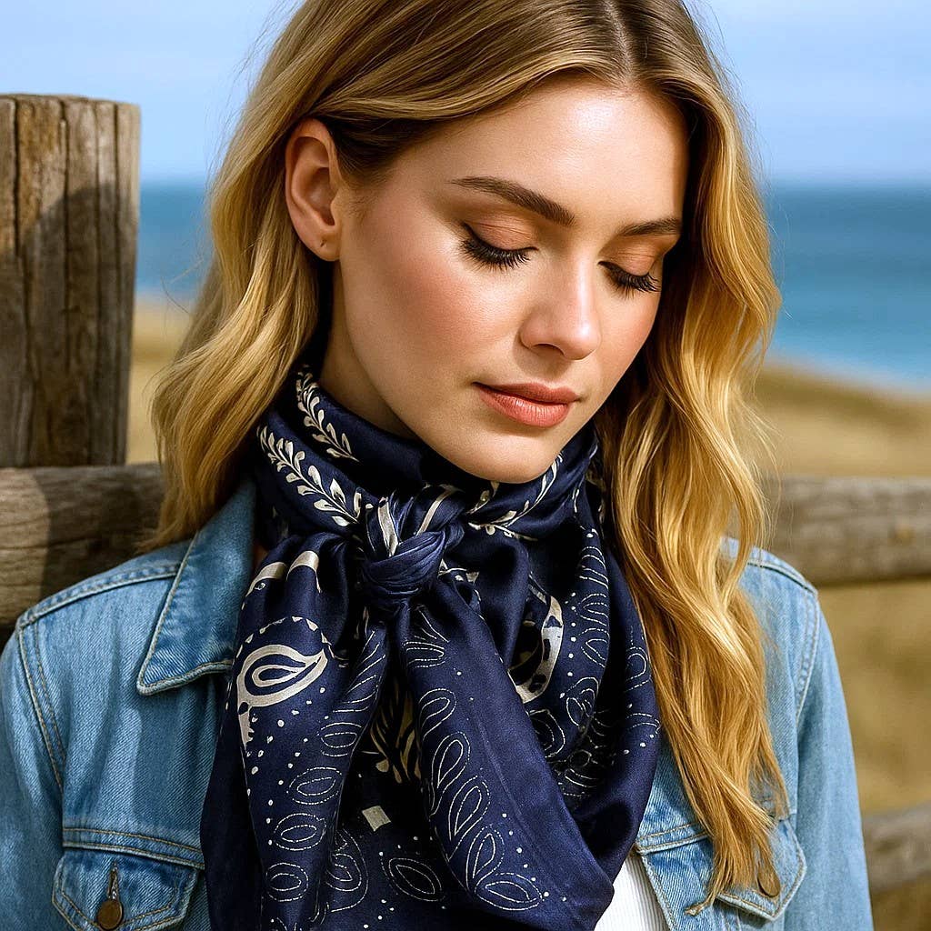 35X35" Blue and Cream Paisley Wild Rag/Scarf WR433