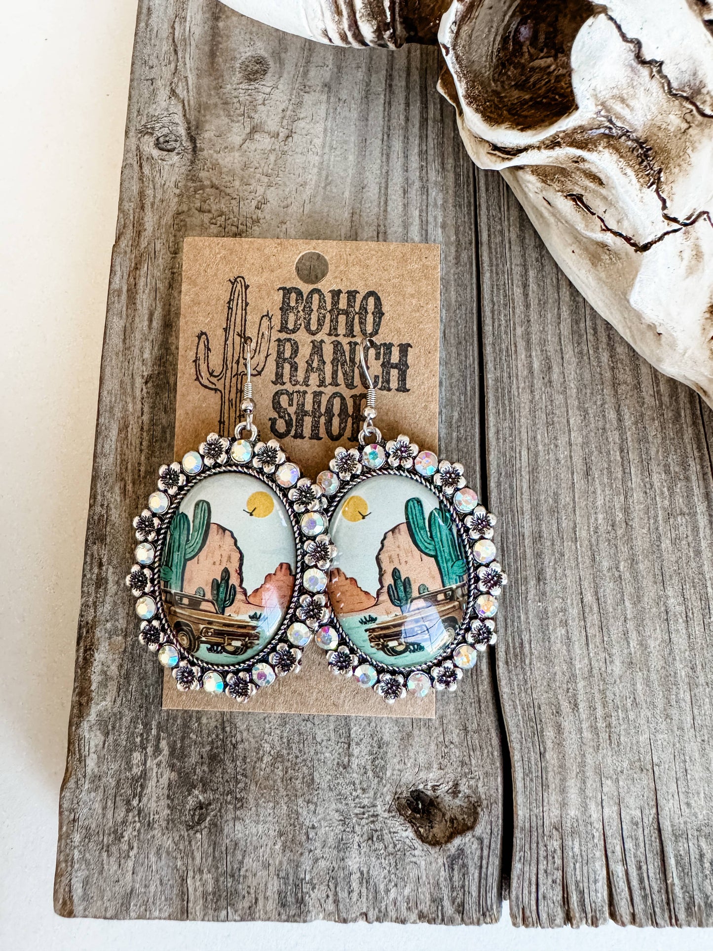 Western Scenery Dangle Earrings - cactus desert rodeo cowboy