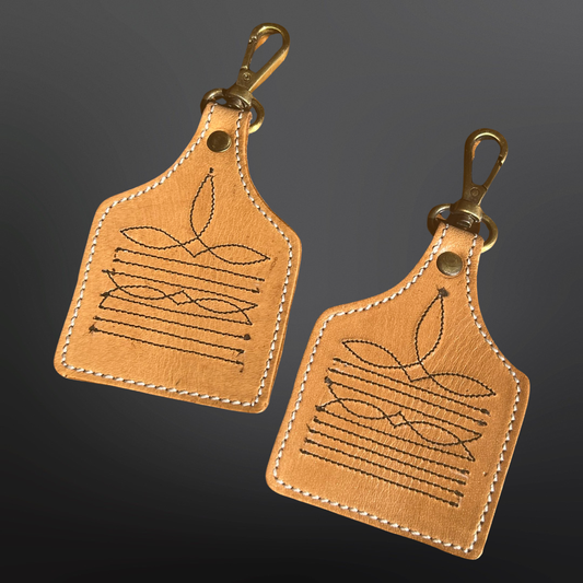 Western Cowboy Boot Stitched Leather Keychain Cow Tag