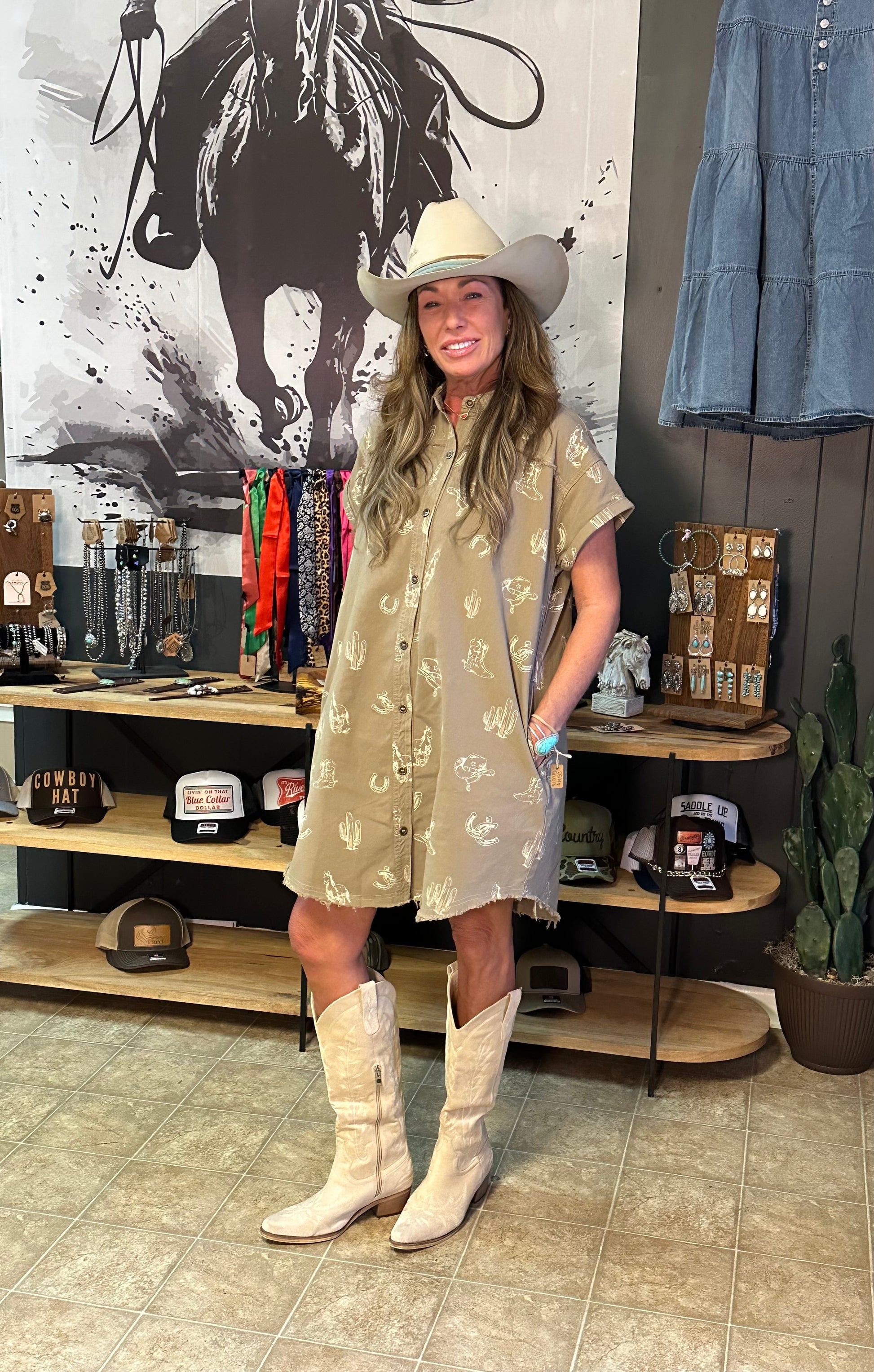 cowgirl shirt dress How 'Bout Them Cowgirls Denim Shirt Dress