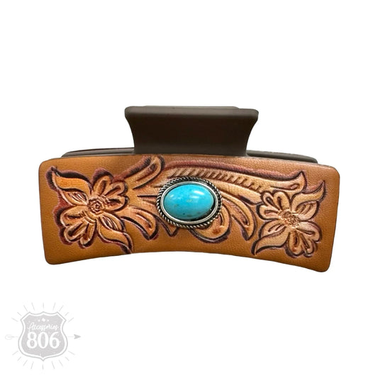 Western tooled and stone hair clip