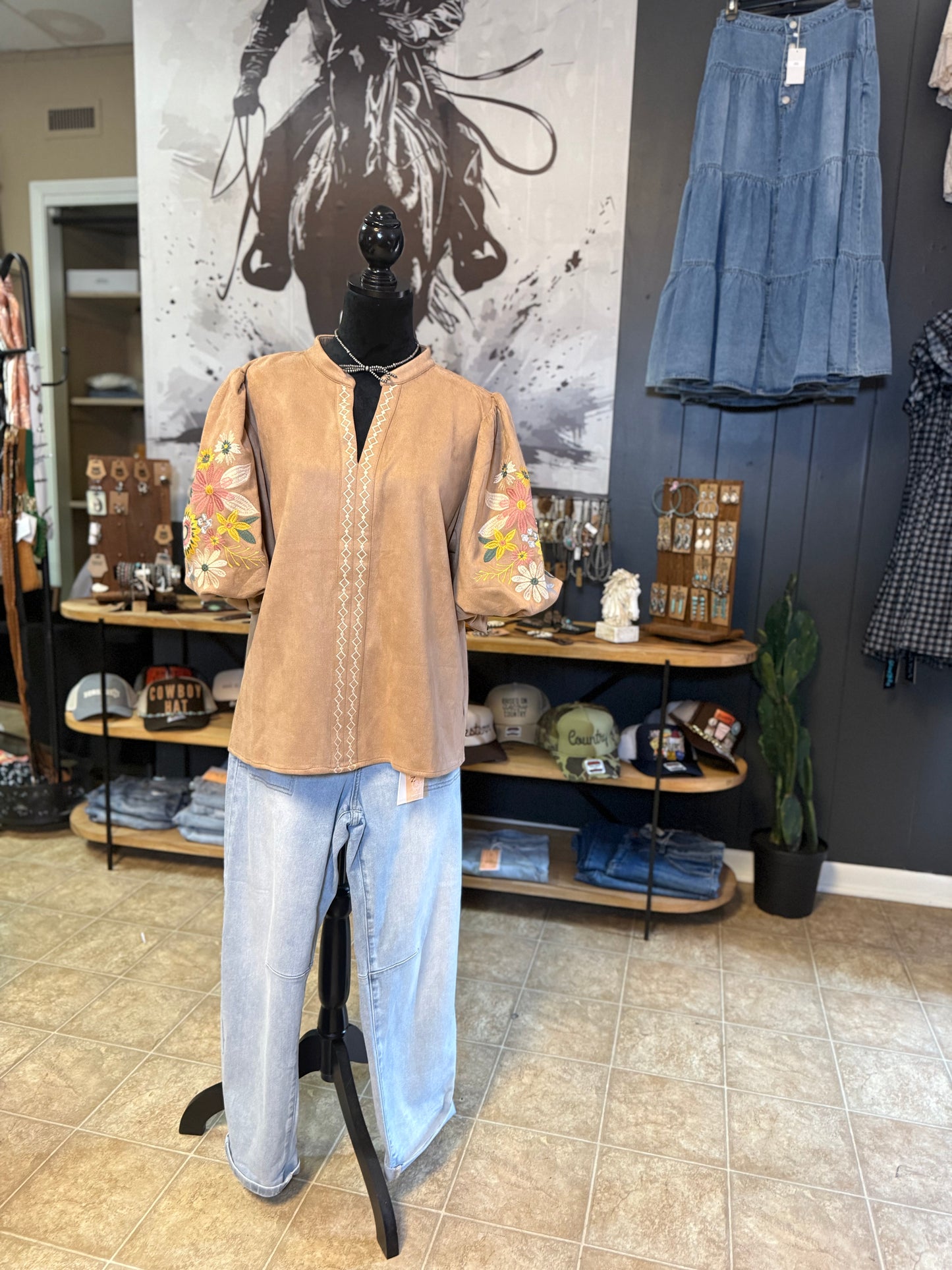 FAUX SUEDE PUFF SLEEVE TOP-PLUS SIZE