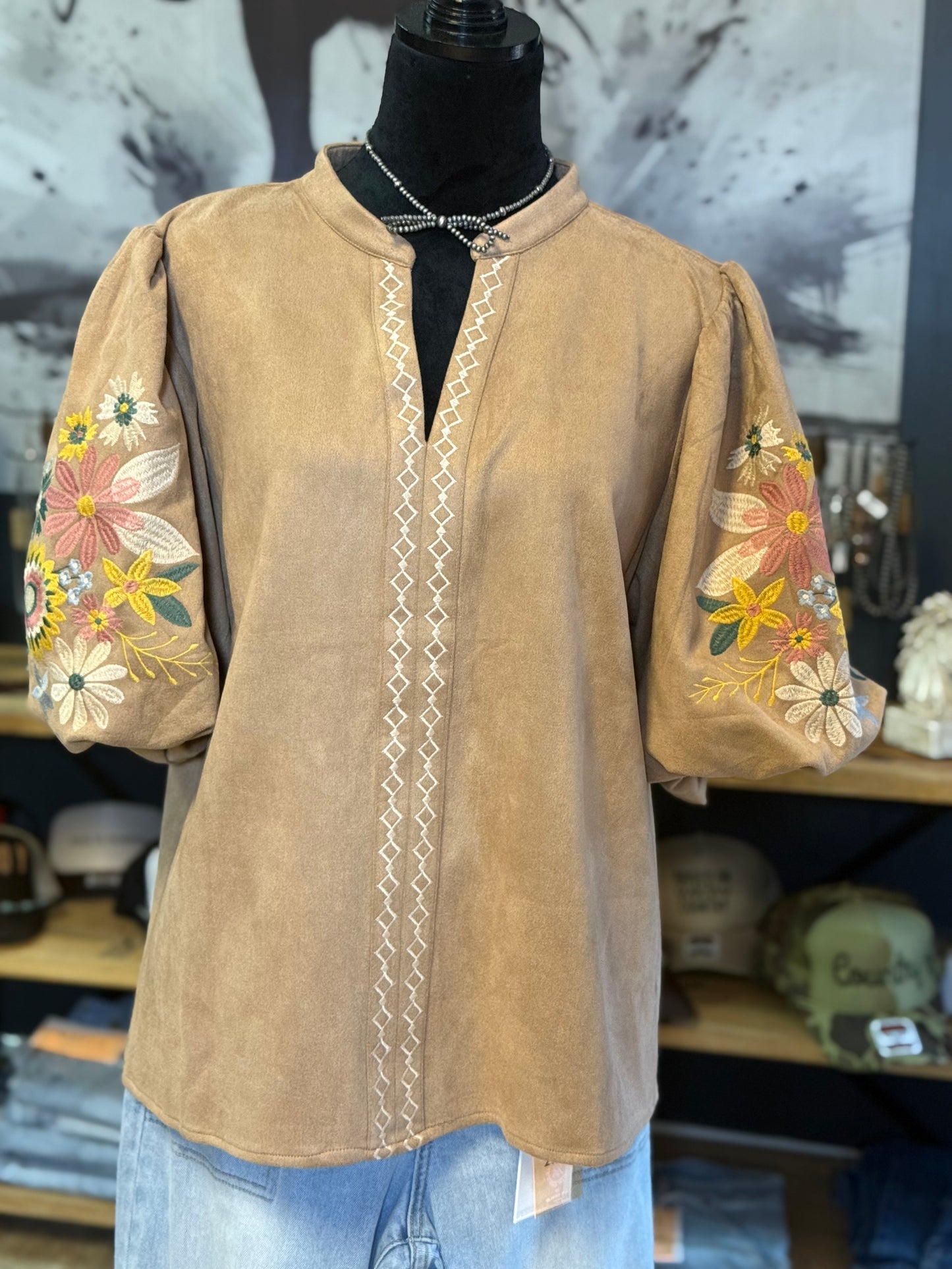 FAUX SUEDE PUFF SLEEVE TOP-PLUS SIZE