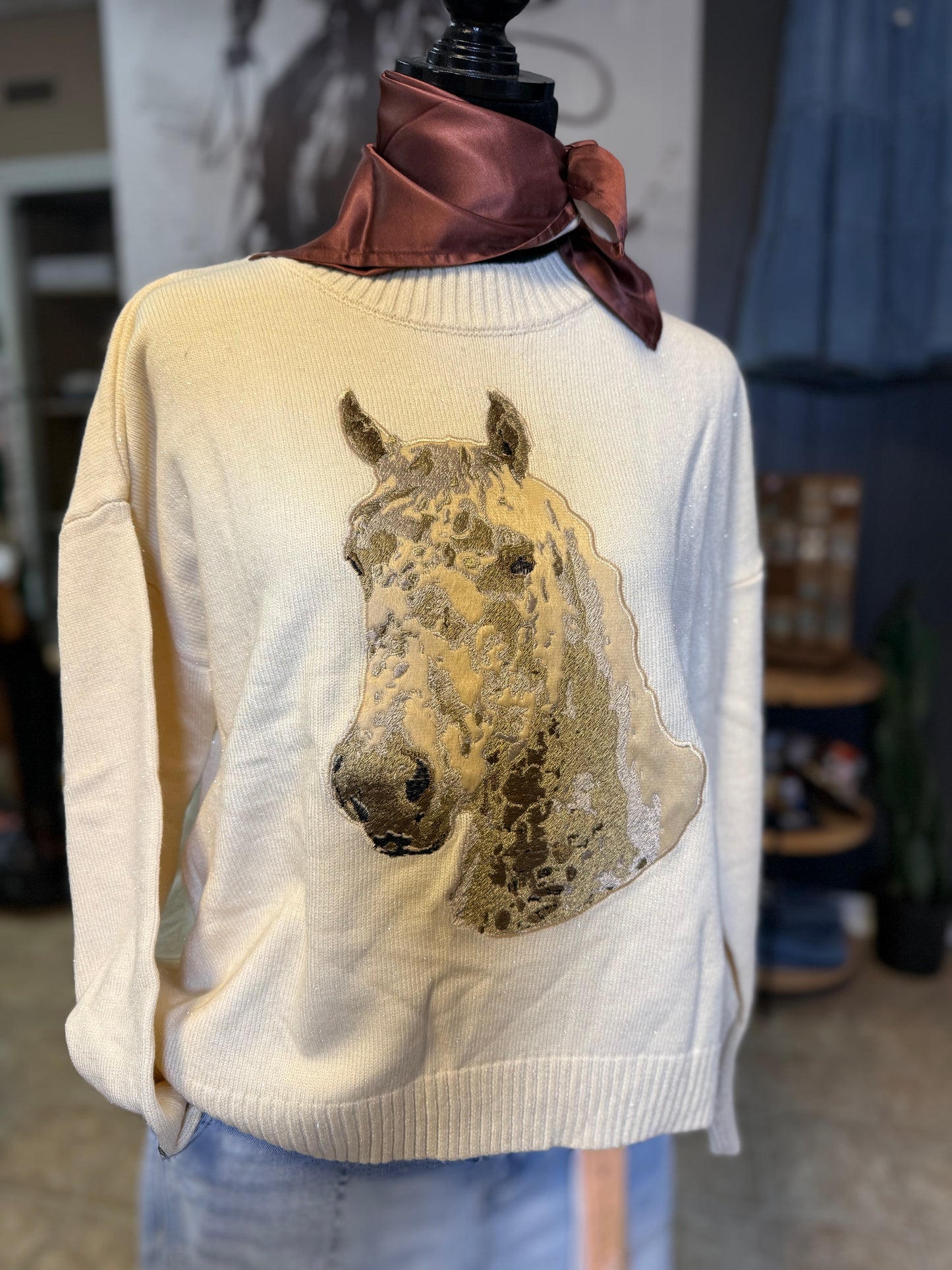 Embroidered Horse Crew Neck Sweater