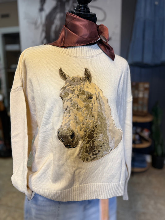 Embroidered Horse Crew Neck Sweater