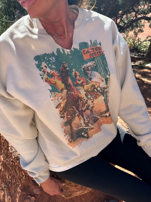 Cactus Motel Raw Cut V-neck Western Graphic Sweatshirt