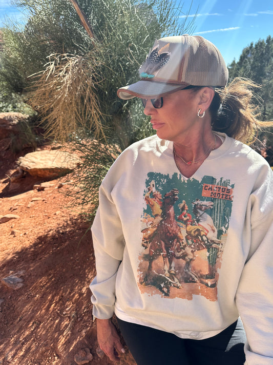 Cactus Motel Raw Cut V-neck Western Graphic Sweatshirt