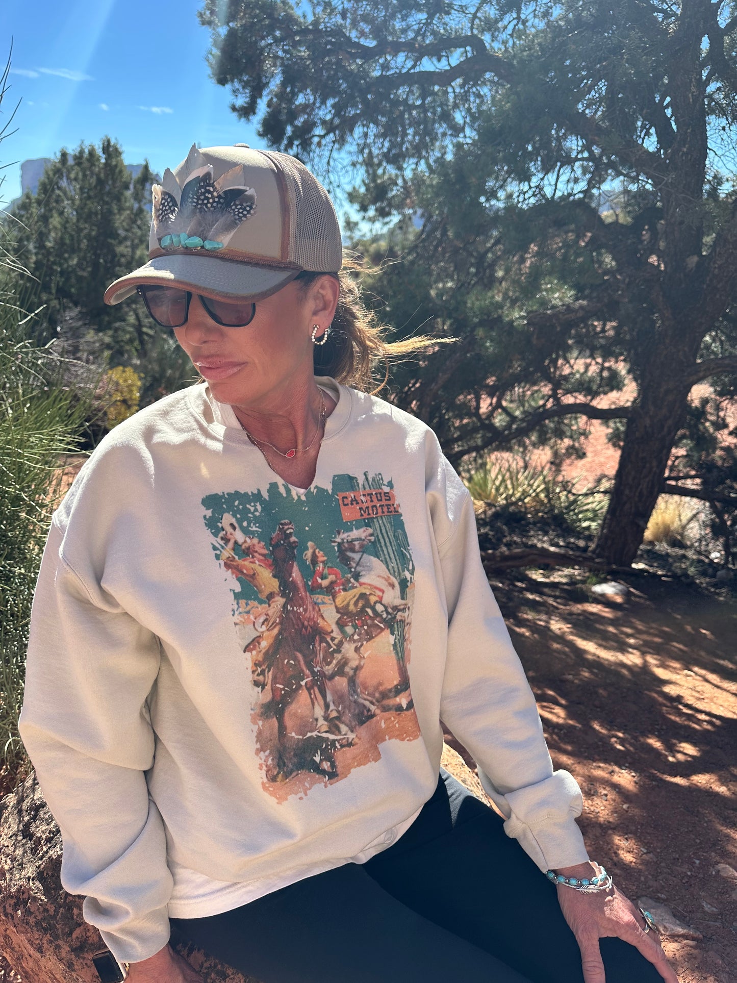 Cactus Motel Raw Cut V-neck Western Graphic Sweatshirt