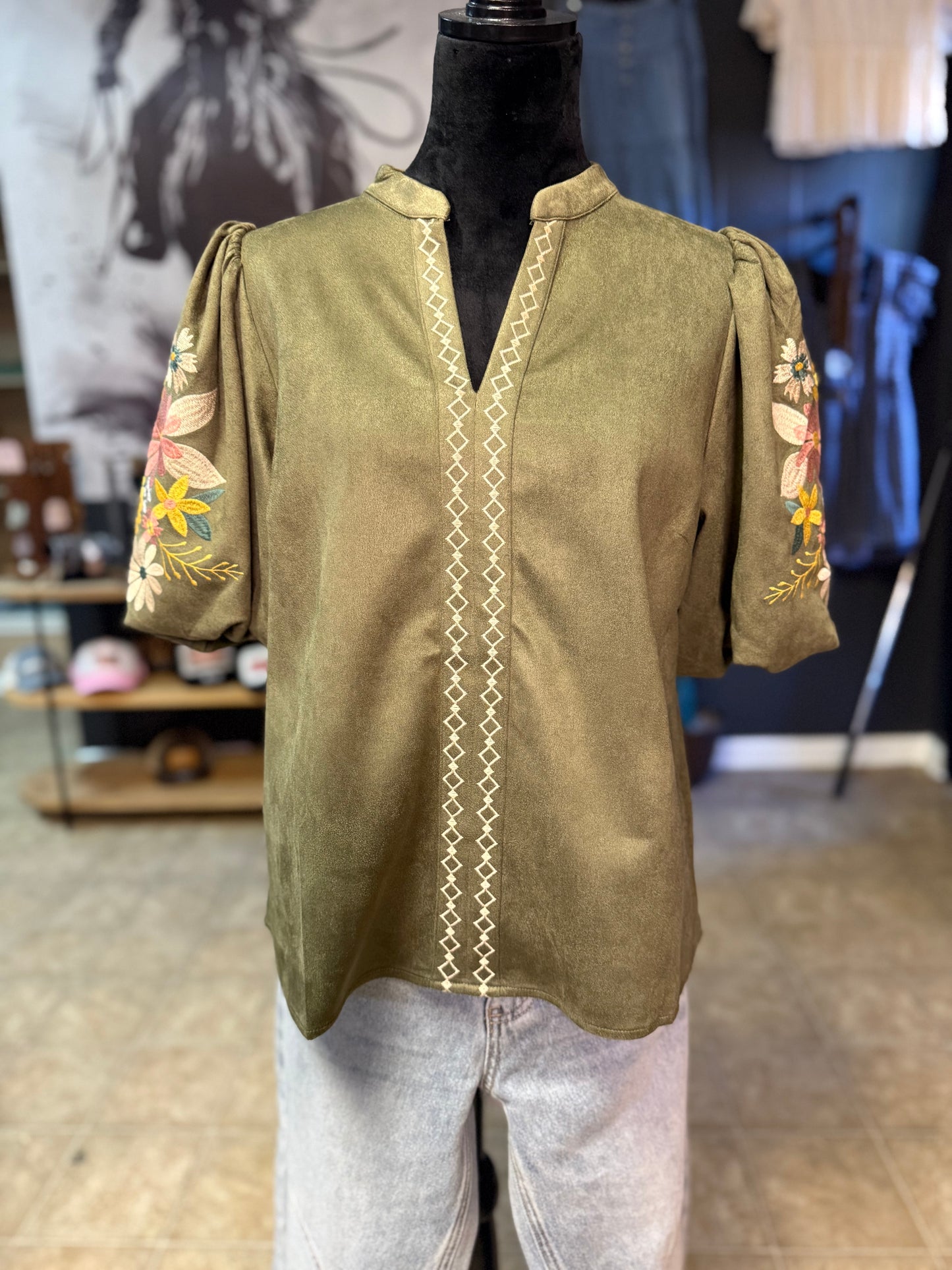 Faux Suede Puff Sleeve Top