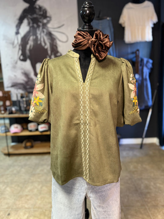 Faux Suede Puff Sleeve Top