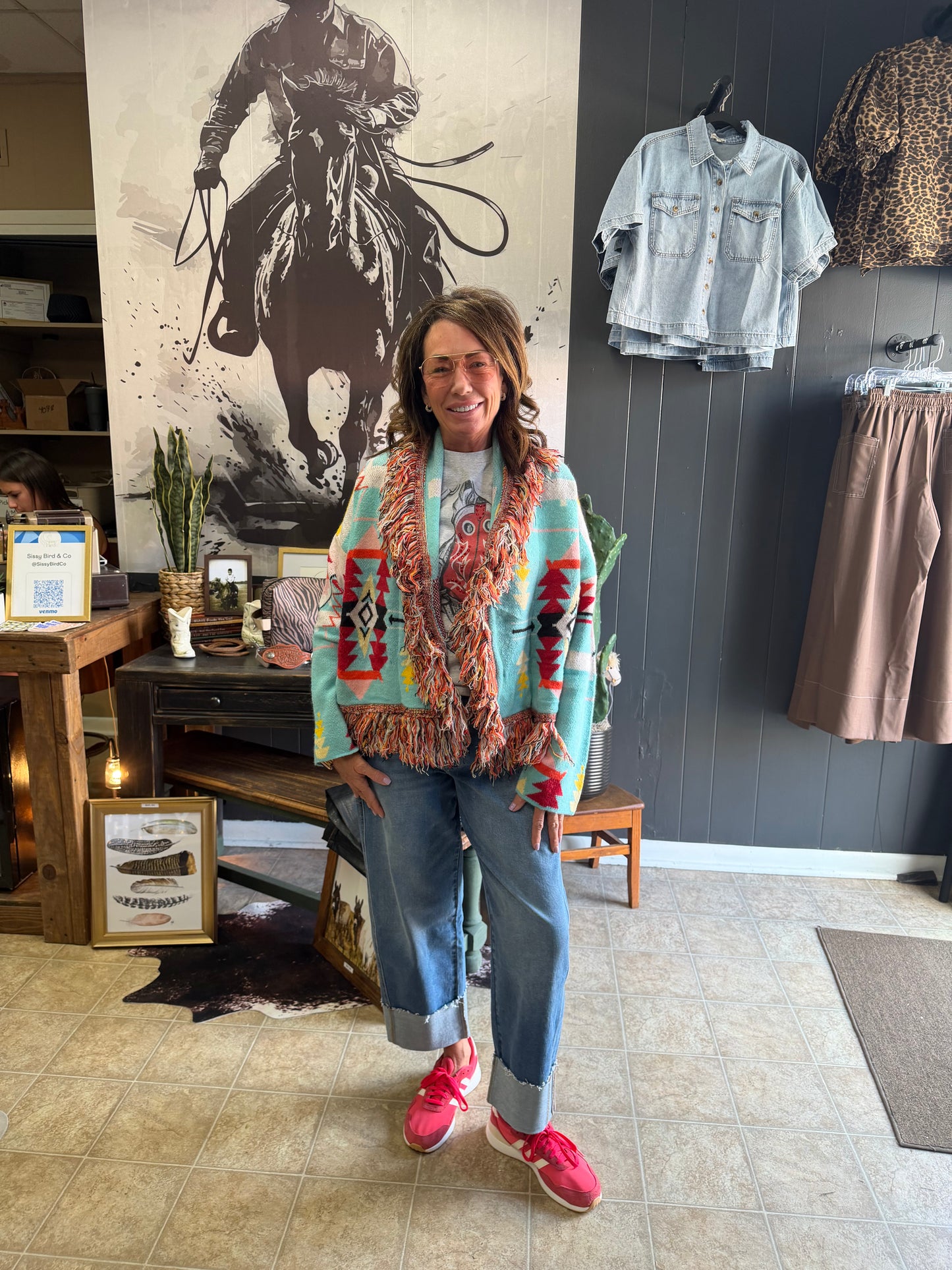RED AZTEC FRINGE CARDI