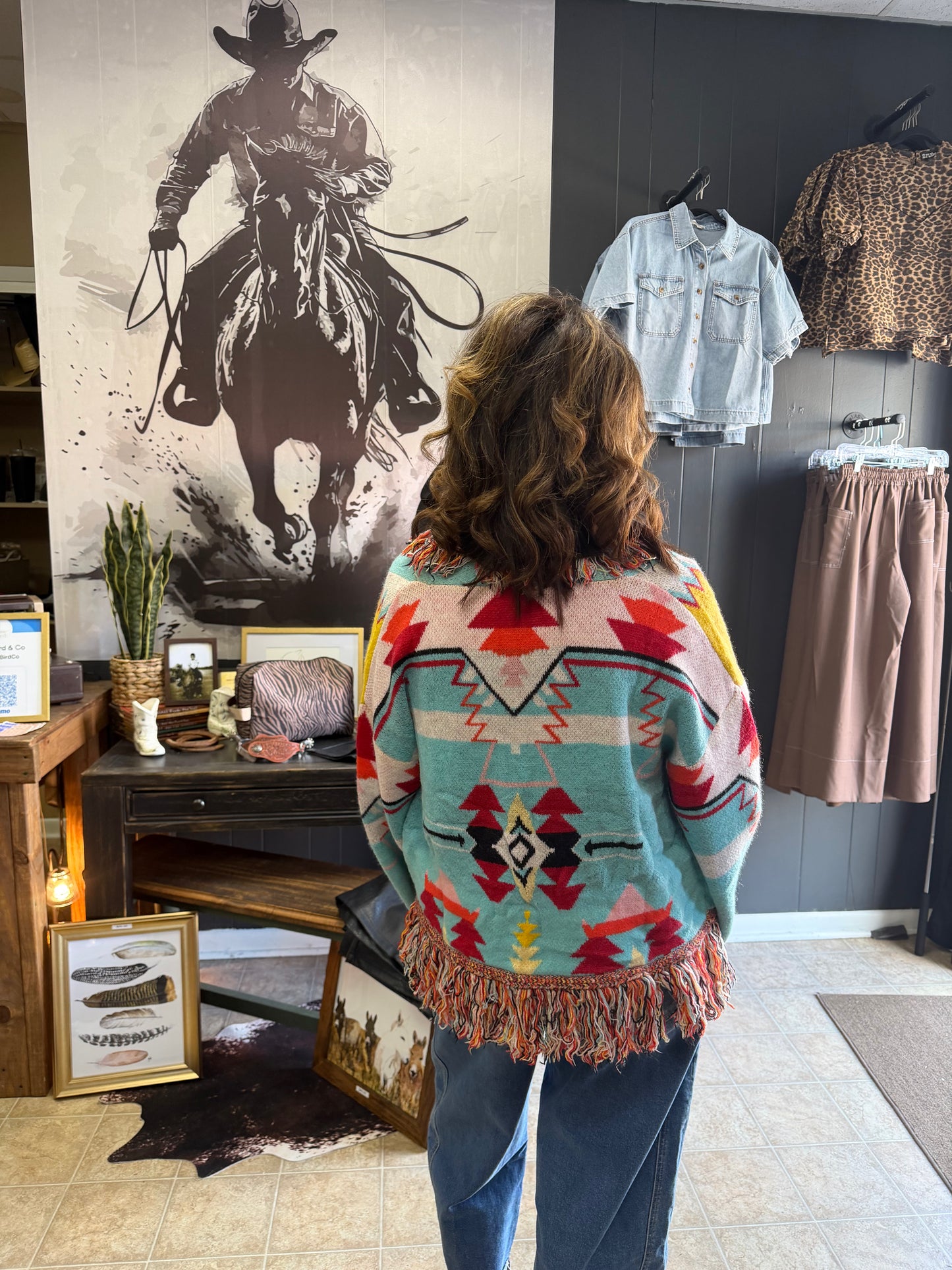 RED AZTEC FRINGE CARDI