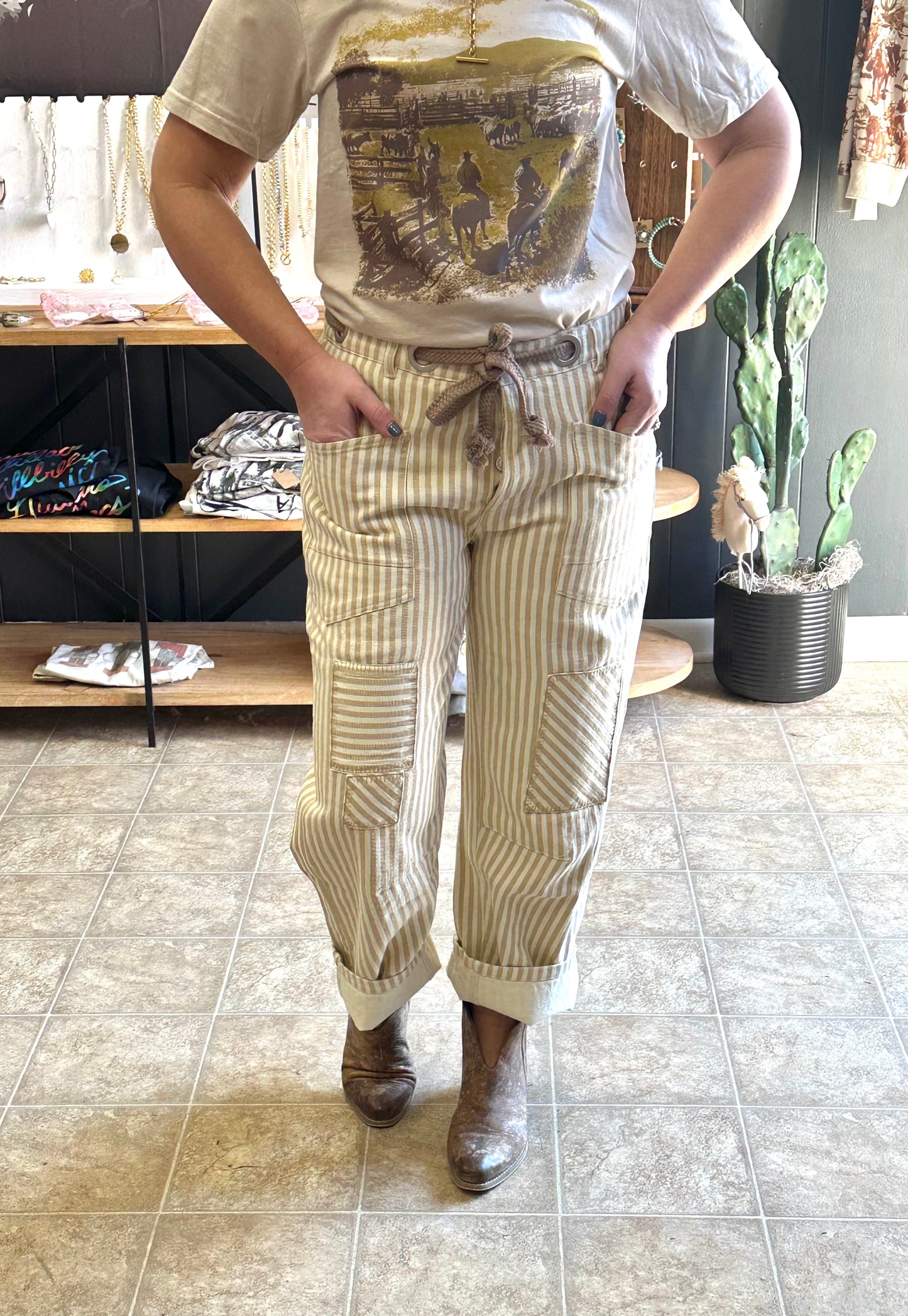 Striped Twill Barrel Pants