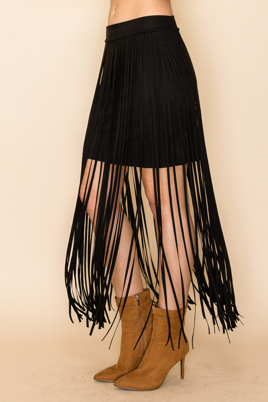 Suede Long Fringe Skirt