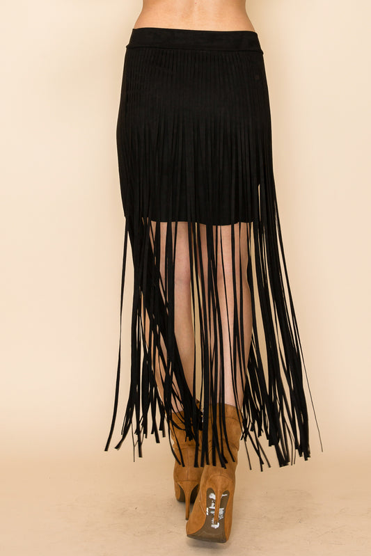 Suede Long Fringe Skirt
