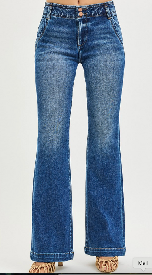 HIGH RISE FLARE JEANS WITH DOUBLE BUTTON DOWN