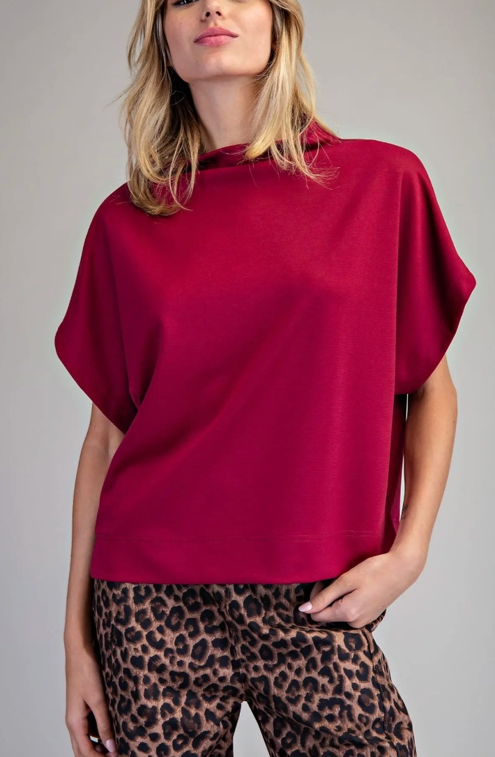 Solid Mock Neck Short Sleeve Top