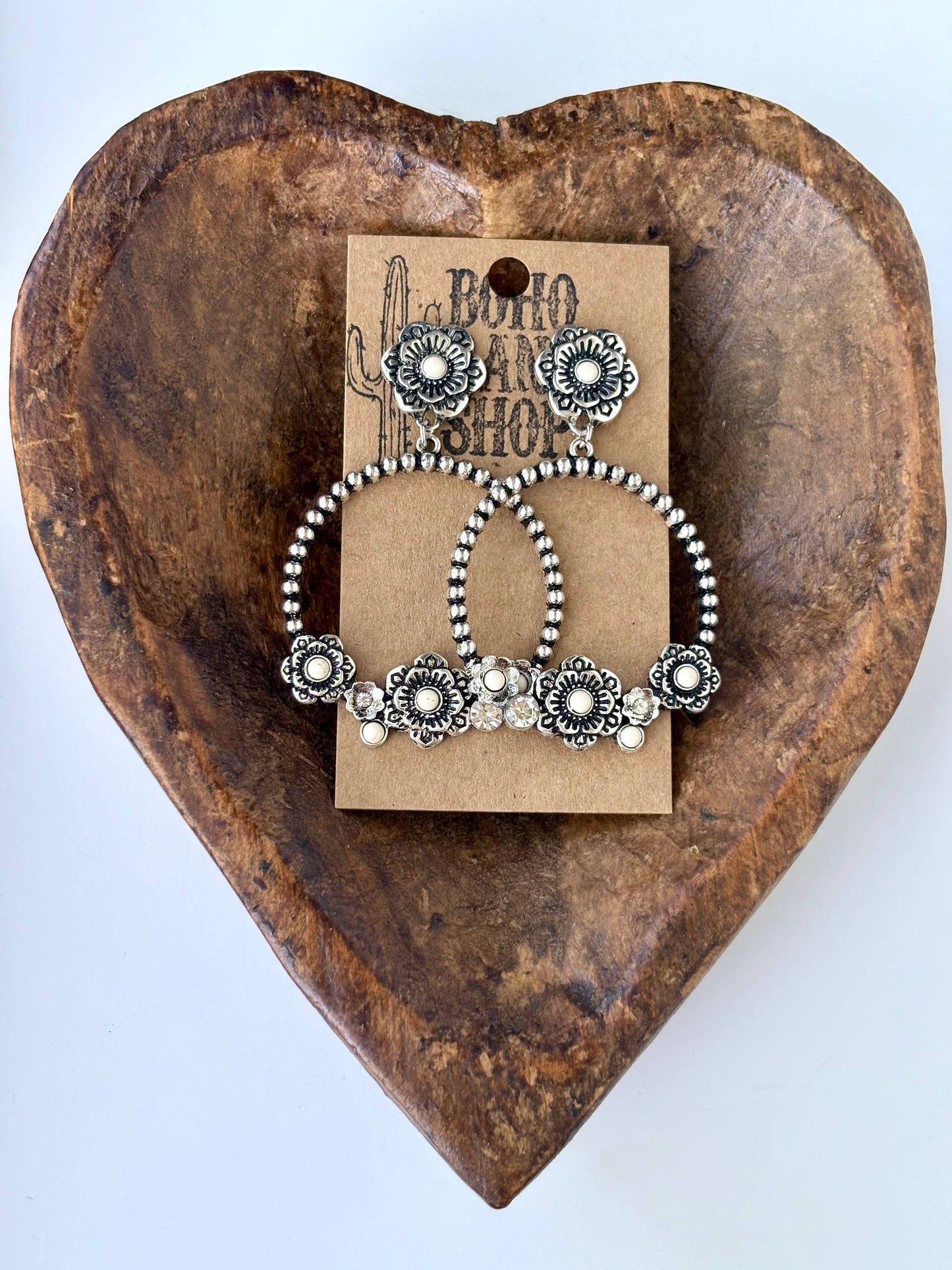 Western Style Flower w/ Stone Hoop Post Drop Earrings