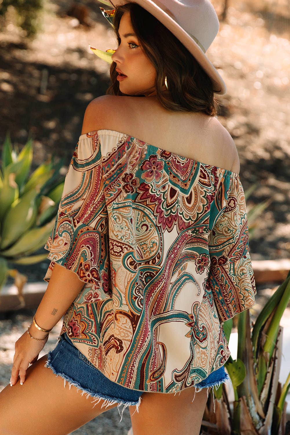 Paisley Printed Shirred Off Shoulder Ruffled Blouse