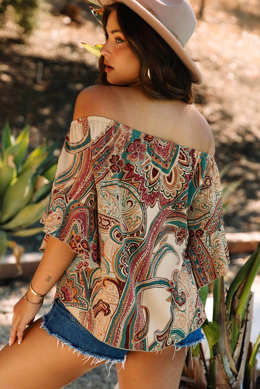 Paisley Printed Shirred Off Shoulder Ruffled Blouse