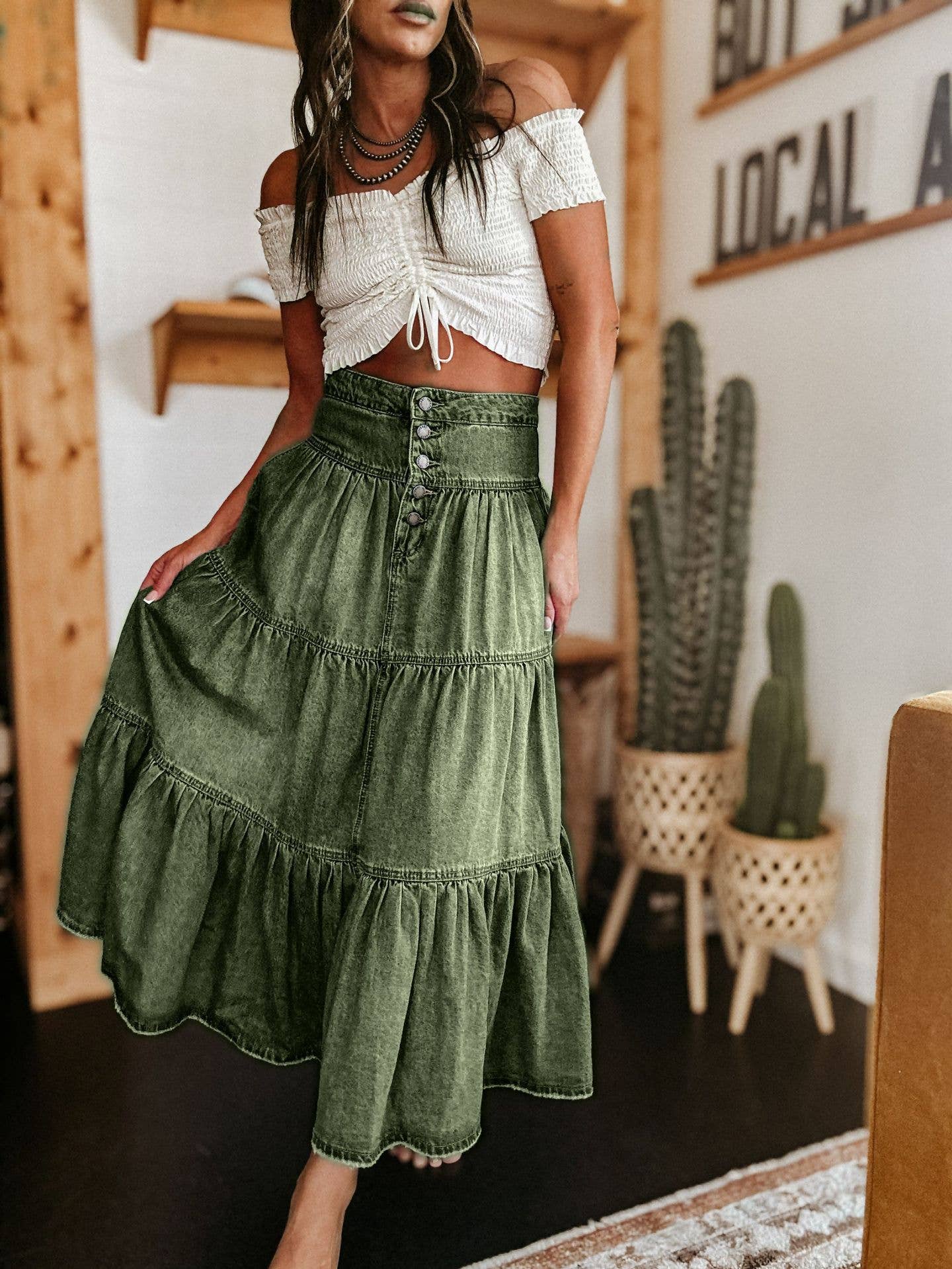 Bohemian Tiered Denim Skirt A-Line