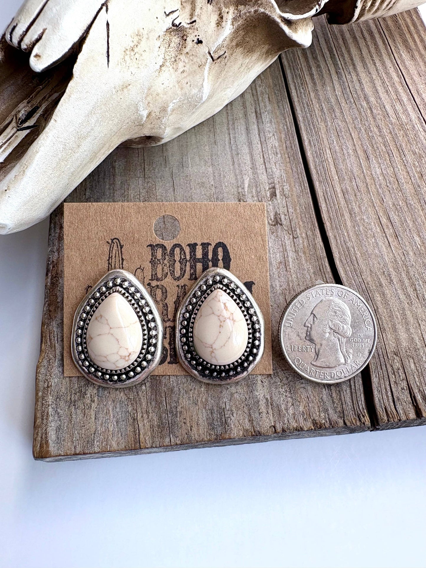 Teardrop White Stone Stud Earrings
