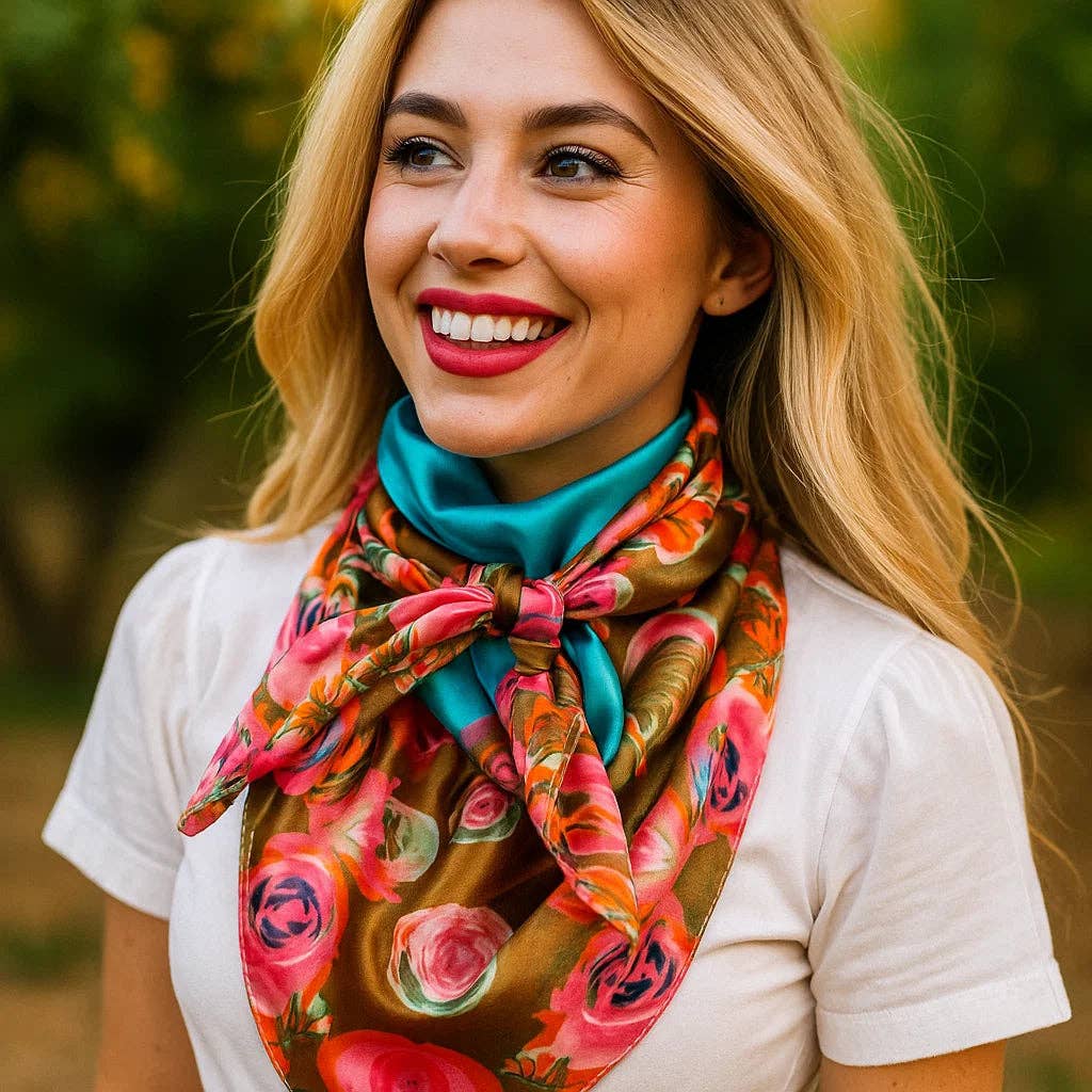 35X35"  Blue and Pink Roses Wild Rag / Scarf WR1005