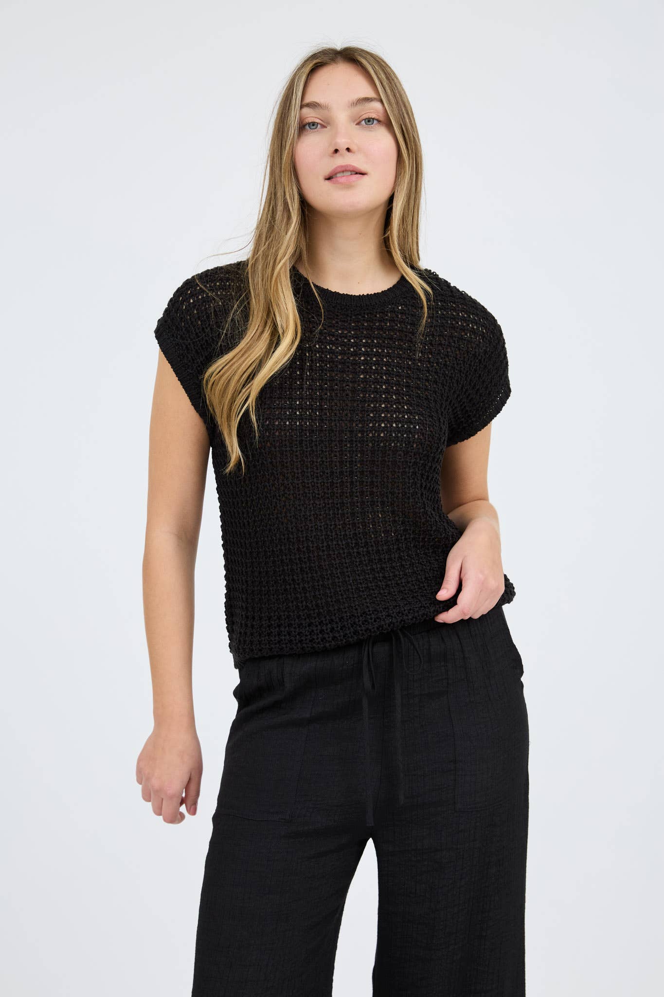 CROCHET KNIT BATWING SHORT SLEEVE SWEATER TOP-TAN