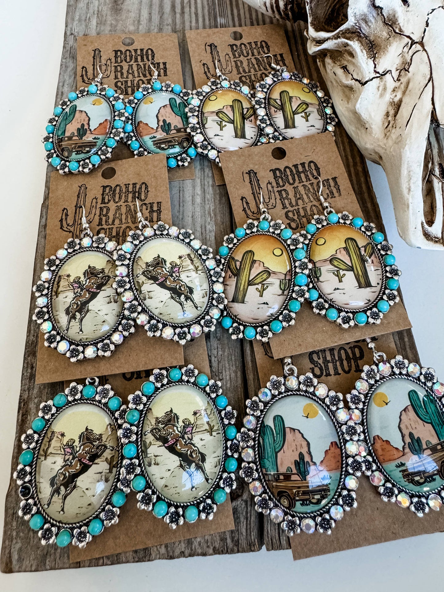 Western Scenery Dangle Earrings - cactus desert rodeo cowboy