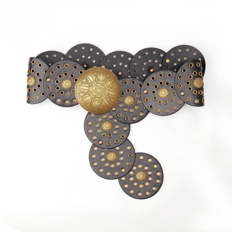 Western Studded Circular Disc Snap Punk Belt