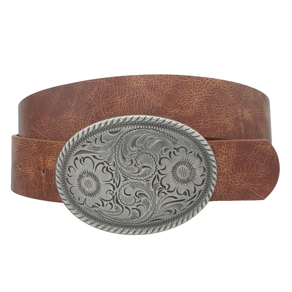 FLOWER EMBOSSED OVAL BUCKLE VINTAGE STRAP BELT IW-36005