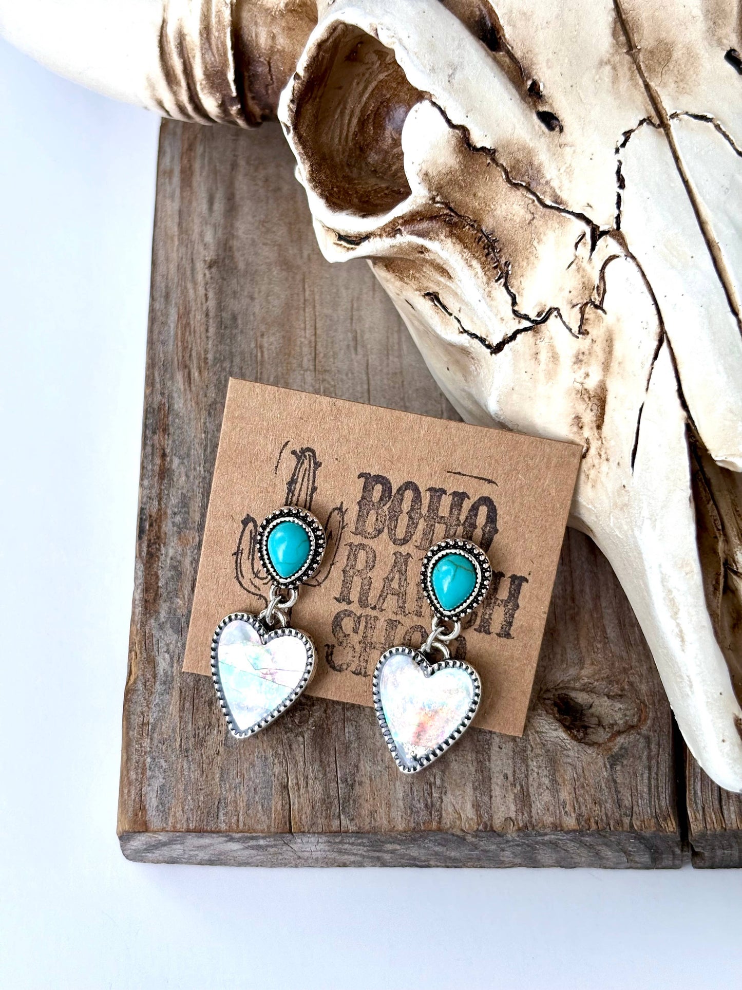 Teardrop Stone & Mother of Pear Heart Post Drop Earrings