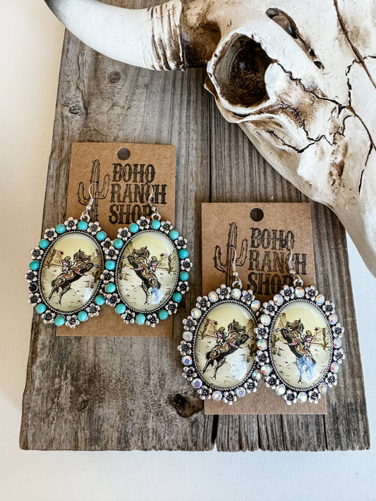 Western Scenery Dangle Earrings - cactus desert rodeo cowboy