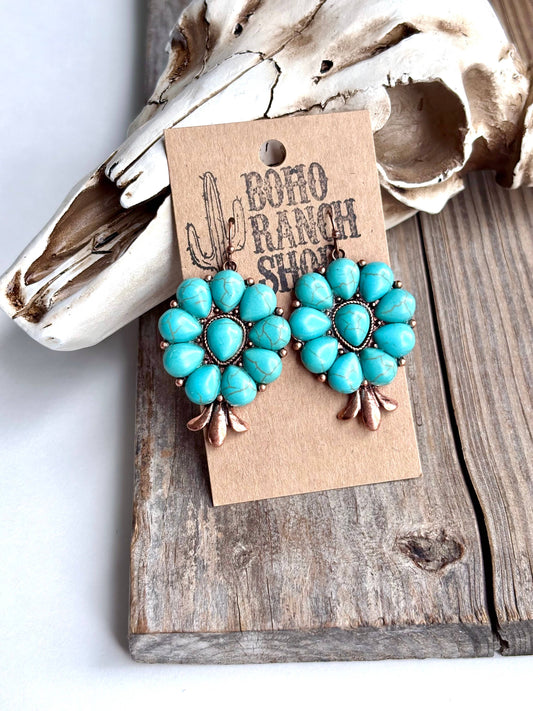Turquoise Stone Western Squash Blossom Dangle Drop Earrings