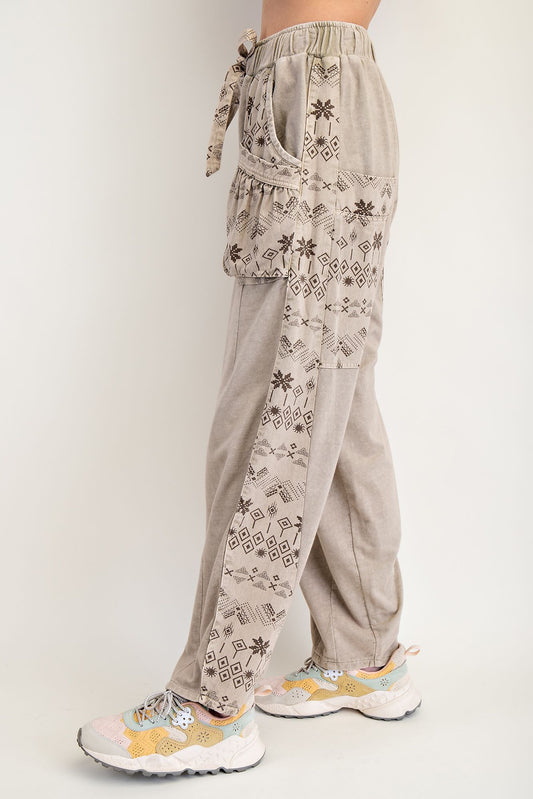 ETHNIC PRINT MIX MINERAL WASHED TWILL BARREL PANTS